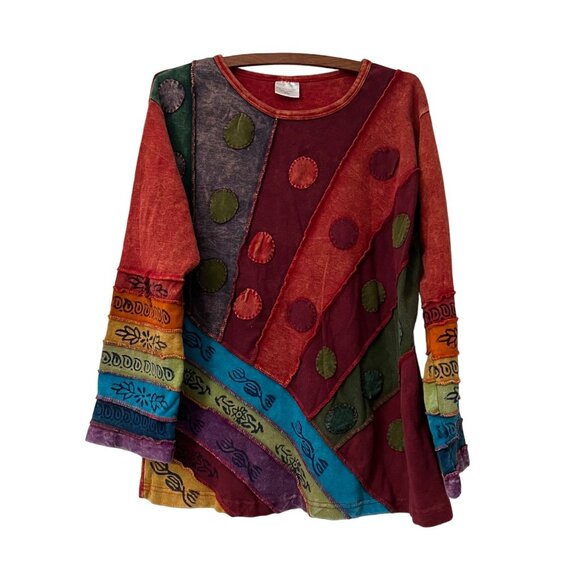 Greater Good Network Nepal Multicolor Patchwork Hippie Hipster Long Sleeve Top S - Picture 1 of 6